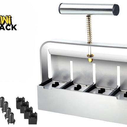 Kiwi Shack heavy-duty stainless steel four-block soil blocker tool for seed starting and gardening with multiple interchangeable mold inserts.