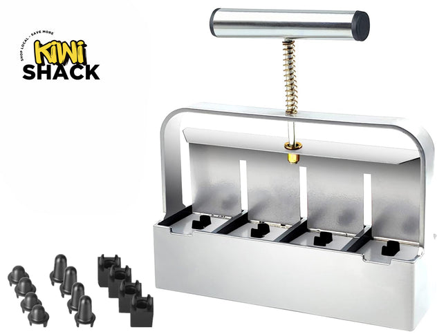 Kiwi Shack heavy-duty stainless steel four-block soil blocker tool for seed starting and gardening with multiple interchangeable mold inserts.