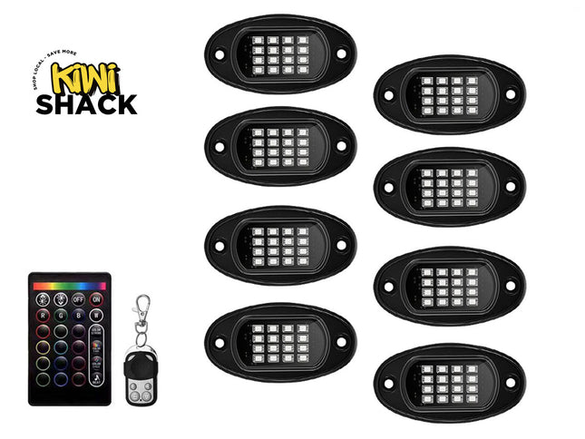 Set of LED lights with remote controls on a white background, featuring the Kiwi Shack brand.