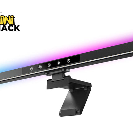 A black LED under-cabinet light bar with a wall mount bracket, featuring a colorful blue and pink glow demonstration on a white background, with the Kiwi Shack logo in the top-left corner.