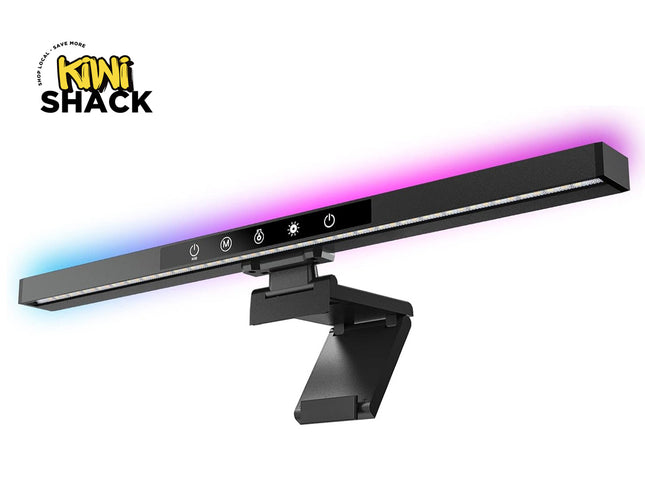 A black LED under-cabinet light bar with a wall mount bracket, featuring a colorful blue and pink glow demonstration on a white background, with the Kiwi Shack logo in the top-left corner.