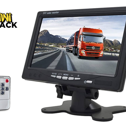 7-inch car monitor displaying a truck on a road with a remote control on a white background, featuring the Kiwi Shack brand.