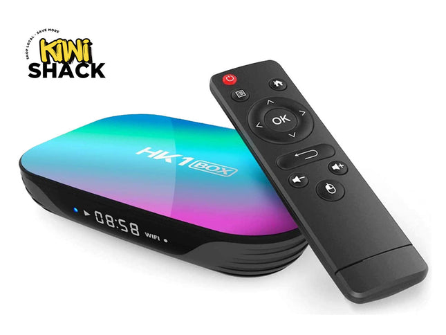 HK180X device with a remote control on a white background, featuring the Kiwi Shack logo.