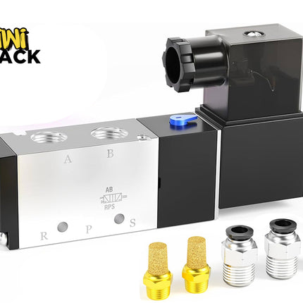 Pneumatic 5/2-way solenoid valve with aluminum/black body labeled A, B, R, P, S and AB/RPS schematic, featuring an electrical coil housing with transparent cover, manual override switch, Kiwi Shack logo watermark, two brass pneumatic silencers/exhaust mufflers, and three push-to-connect fitting connectors