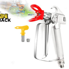 Silver airless paint spray gun with a red safety guard, accompanied by a yellow spray tip, with the Kiwi Shack logo in the top left.