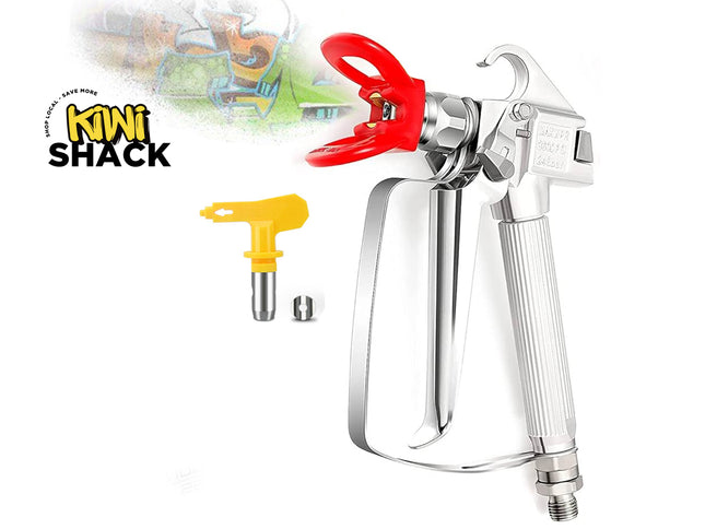 Silver airless paint spray gun with a red safety guard, accompanied by a yellow spray tip, with the Kiwi Shack logo in the top left.