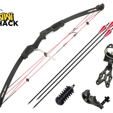 Archery set with bow, arrows, and accessories on a white background, featuring the Kiwi Shack brand.