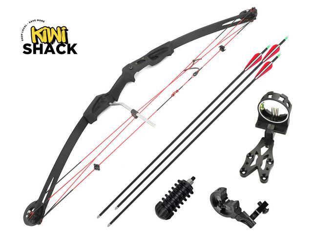 Archery set with bow, arrows, and accessories on a white background, featuring the Kiwi Shack brand.