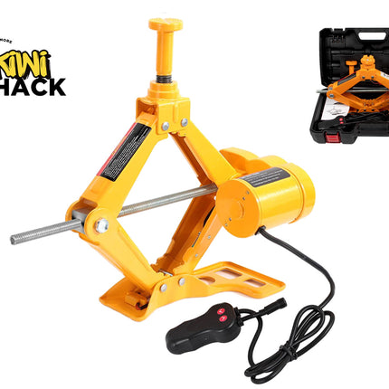 Yellow car jack with remote control and Kiwi Shack logo on a white background