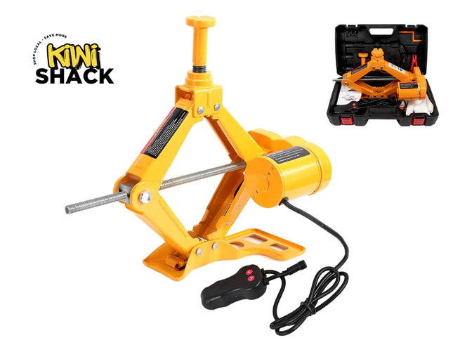 Yellow car jack with remote control and Kiwi Shack logo on a white background