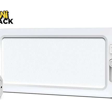 A white rectangular electronic device with rounded corners, shown on a white background with a small matching remote control in front. The top-left corner features the KINI SHACK logo.