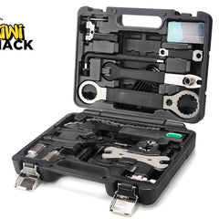 Black tool kit with various tools inside, branded 'Kiwi Shack'.