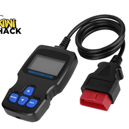 A black OBD2 scanner with blue buttons and a red diagnostic connector, shown on a white background with a Kiwi Shack logo in the top-left corner.