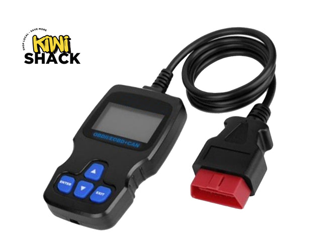 A black OBD2 scanner with blue buttons and a red diagnostic connector, shown on a white background with a Kiwi Shack logo in the top-left corner.