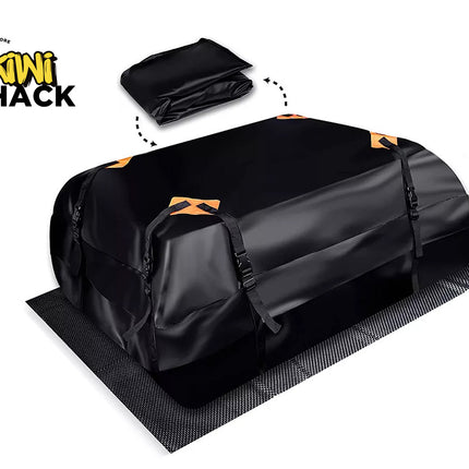 Black duffel bag with orange straps on a white background, featuring the Kiwi Shack logo.