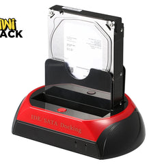 A black and red IDE and SATA hard drive docking station with an inserted 3.5-inch internal hard drive against a white background, featuring the "Kiwi Shack" logo in the upper left corner.