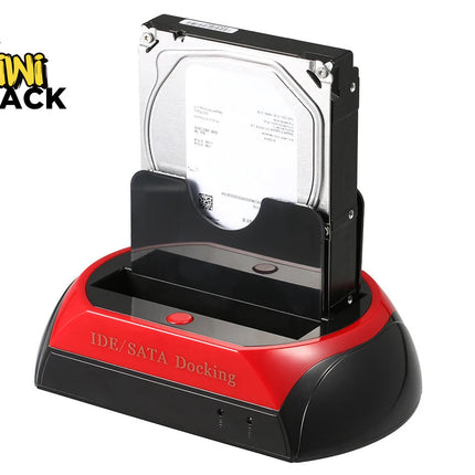 A black and red IDE and SATA hard drive docking station with an inserted 3.5-inch internal hard drive against a white background, featuring the "Kiwi Shack" logo in the upper left corner.