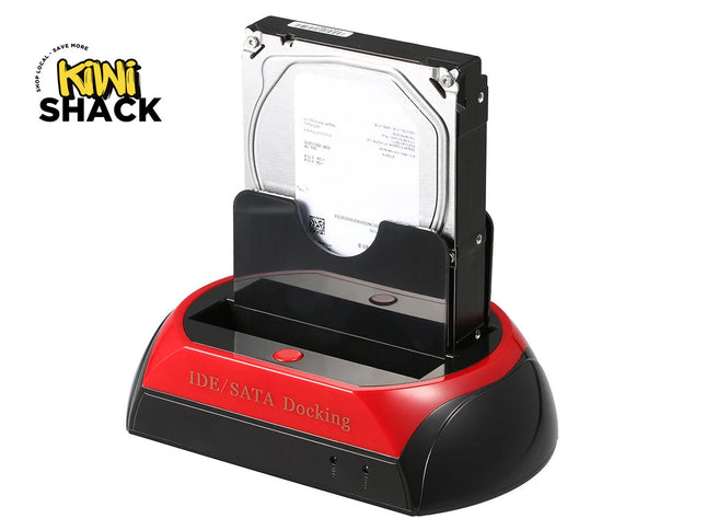 A black and red IDE and SATA hard drive docking station with an inserted 3.5-inch internal hard drive against a white background, featuring the "Kiwi Shack" logo in the upper left corner.