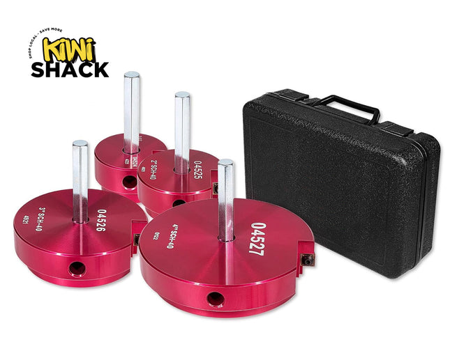 Red circular tools with clear stands and a black carrying case on a white background, featuring the Kiwi Shack logo.