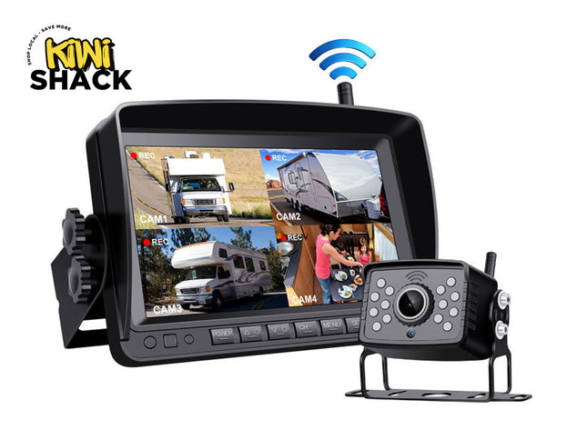 Kiwi Shack RV monitoring system with display and camera on a white background