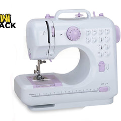 White and purple sewing machine with Kiwi Shack logo on a white background