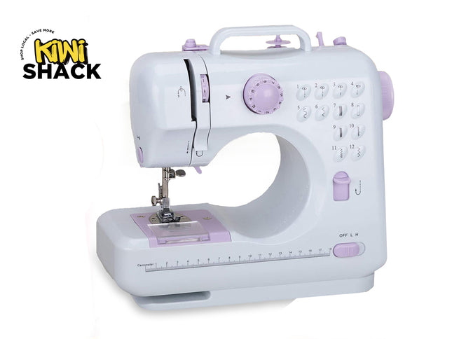 White and purple sewing machine with Kiwi Shack logo on a white background