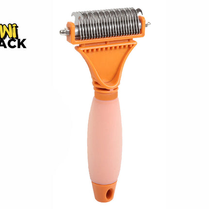 Kiwi Shack pet grooming tool featuring an orange plastic handle and a metal roller with fine teeth, set against a plain white background with a Kiwi Shack logo in the top-left corner.