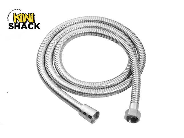 A flexible stainless steel shower hose with threaded connector fittings, featuring the "Kiwi Shack" logo in the top-left corner.