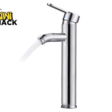Chrome faucet with water flowing on a white background, featuring the Kiwi Shack logo.