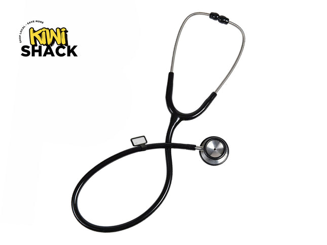 Black stethoscope on a white background with 'Kiwi Shack' logo.