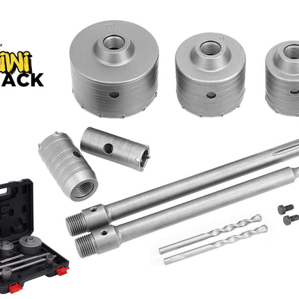 Set of metal drill bits and accessories with Kiwi Shack logo on a white background