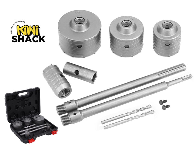 Set of metal drill bits and accessories with Kiwi Shack logo on a white background