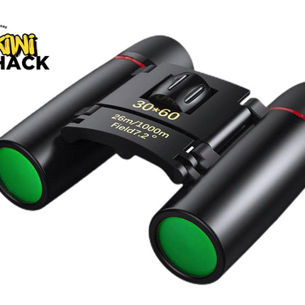 Black binoculars with green lenses on a white background, featuring the Kiwi Shack brand.
