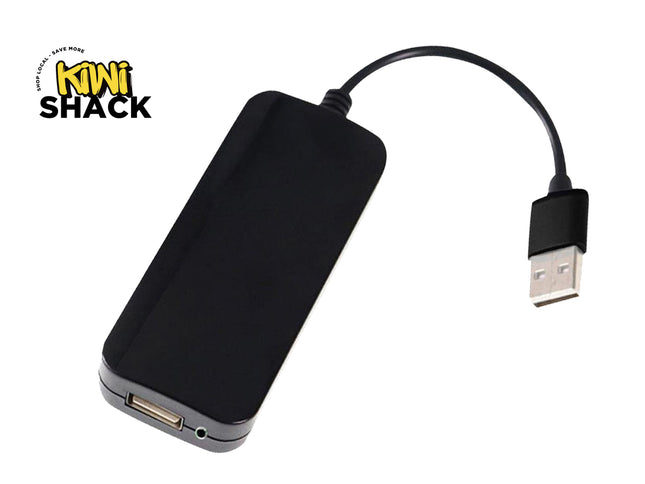 A black rectangular USB hub with a single short USB cable extending to the right, shown on a plain white background with a Kiwi Shack logo in the top-left corner.