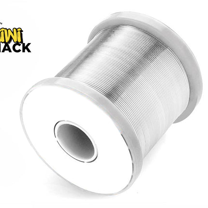 Large spool of silver solder wire wound tightly on a white plastic reel with central hole, featuring Kiwi Shack logo in top left.