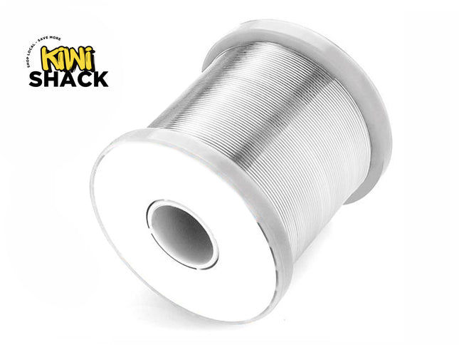 Large spool of silver solder wire wound tightly on a white plastic reel with central hole, featuring Kiwi Shack logo in top left.