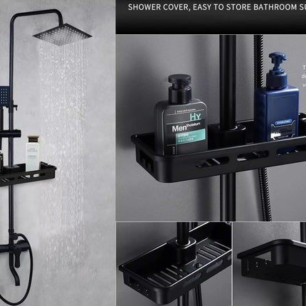 Black shower system with mounted storage shelf against a gray wall.