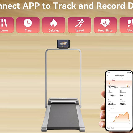 Treadmill with smartphone app displaying fitness data on a wooden background