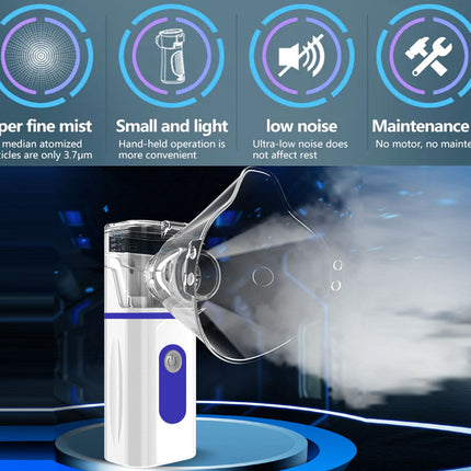 Handheld nebulizer with features highlighted on a dark background