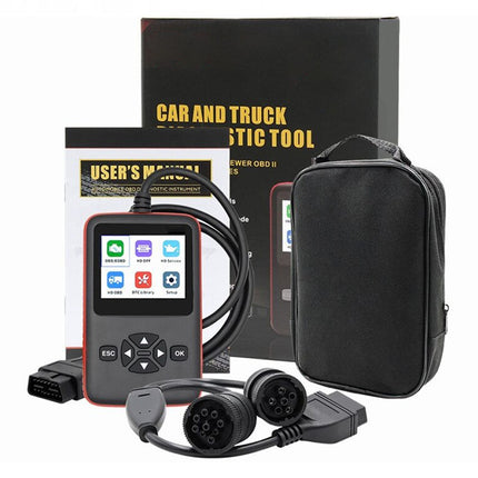 Car diagnostic tool with cables and user manual on a white background