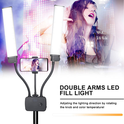 A double-arm LED fill light studio lamp with a phone mount in the center, shown against a white background with a promotional inset photo of a woman singing and text reading 'DOUBLE ARMS LED FILL LIGHT'.