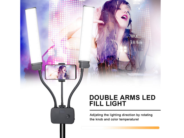 A double-arm LED fill light studio lamp with a phone mount in the center, shown against a white background with a promotional inset photo of a woman singing and text reading 'DOUBLE ARMS LED FILL LIGHT'.