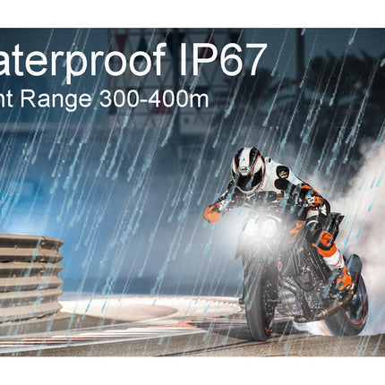 Motorcycle rider on a wet road with text about waterproof IP67 rating and light range.