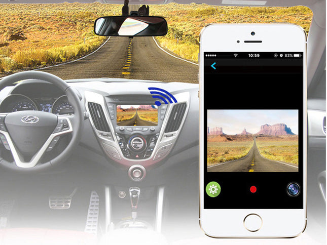 A smartphone app interface showing a road scene, placed over a car interior with a rearview mirror and dashboard visible, suggesting a car backup or navigation app.
