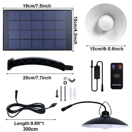 Solar light kit with solar panel, lampshade, remote control, and wiring on a white background