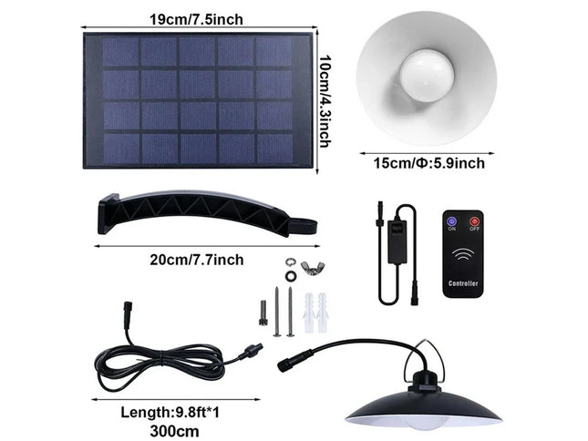 Solar light kit with solar panel, lampshade, remote control, and wiring on a white background
