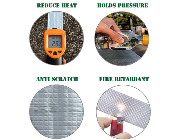 Product features including heat reduction, pressure holding, anti- scratch, and fire retardant properties.
