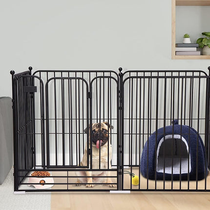 A black metal pet playpen with a dog door, shown in a living room setting with a pug sitting inside, a blue dog bed, and a gray sofa to the left.
