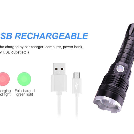 USB rechargeable flashlight with charging cable and indicator lights on a white background