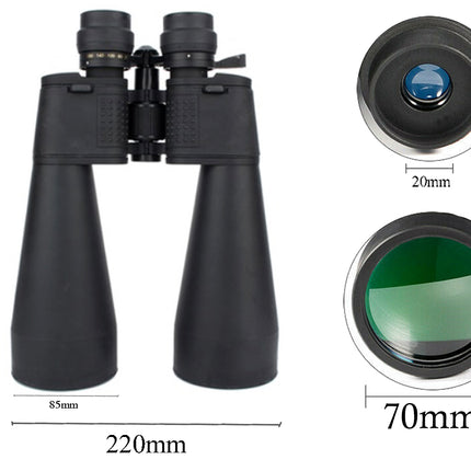 Binoculars with detailed measurements on a white background